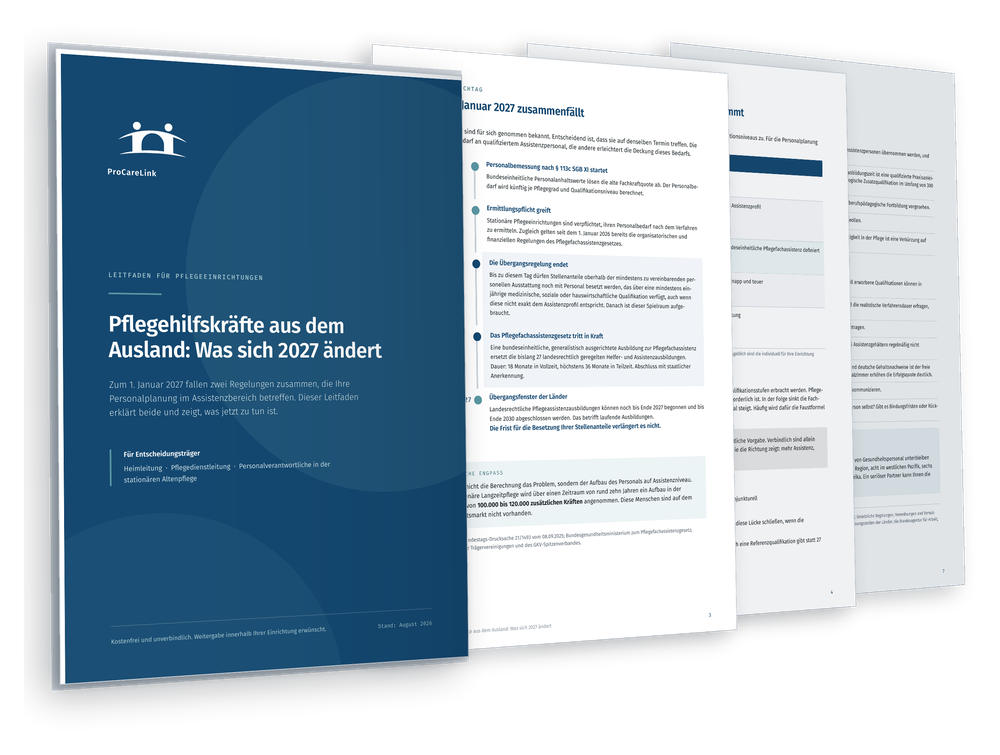 Vorschau des Leitfadens „Pflegehilfskräfte aus dem Ausland: Was sich 2027 ändert” von ProCareLink